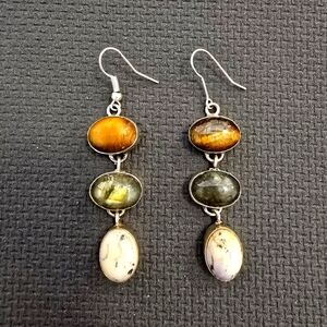 Tiger's Eye, Labradorite and Dalmation Jasper stones Earrings Sterling Silver